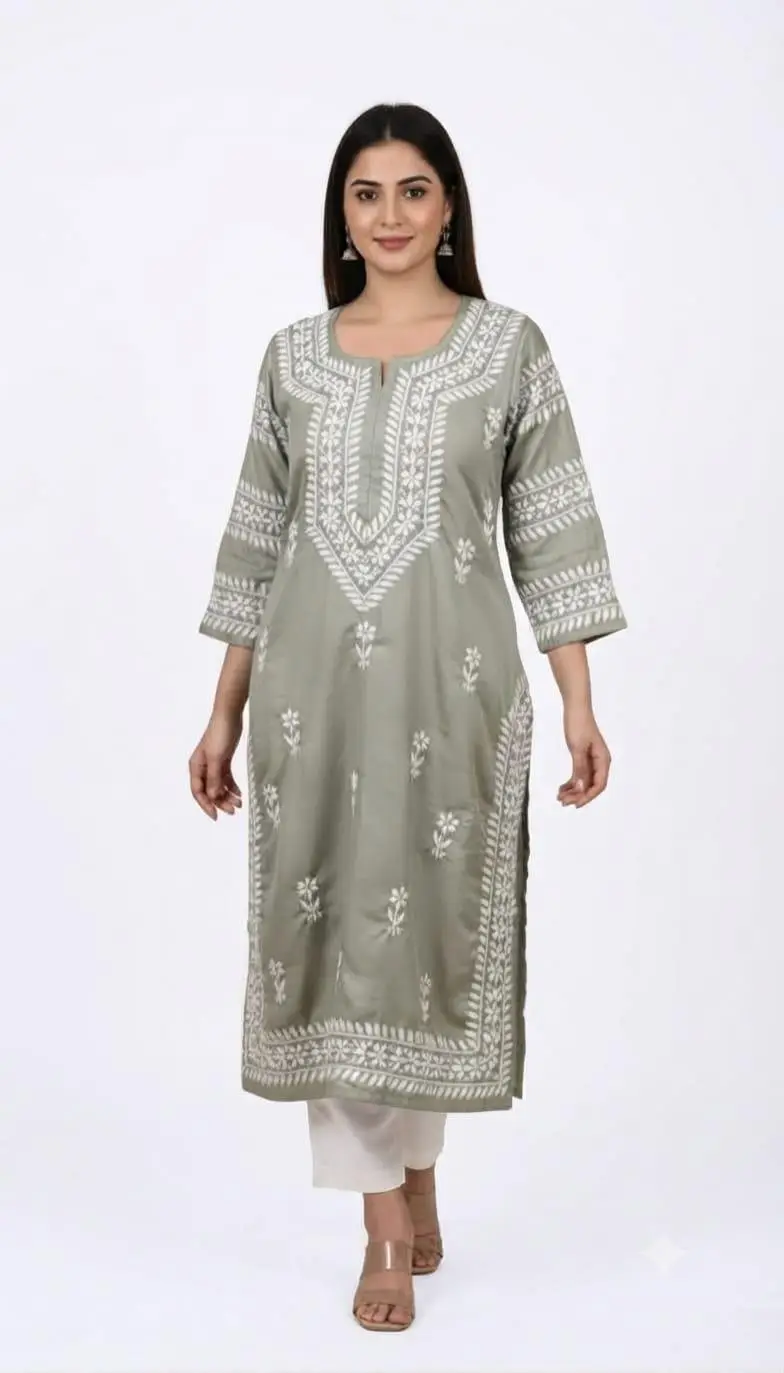 LCF CHIKAN EMBROIDERY LONG KURTI MUSLIN SILK - SAGE GREEN