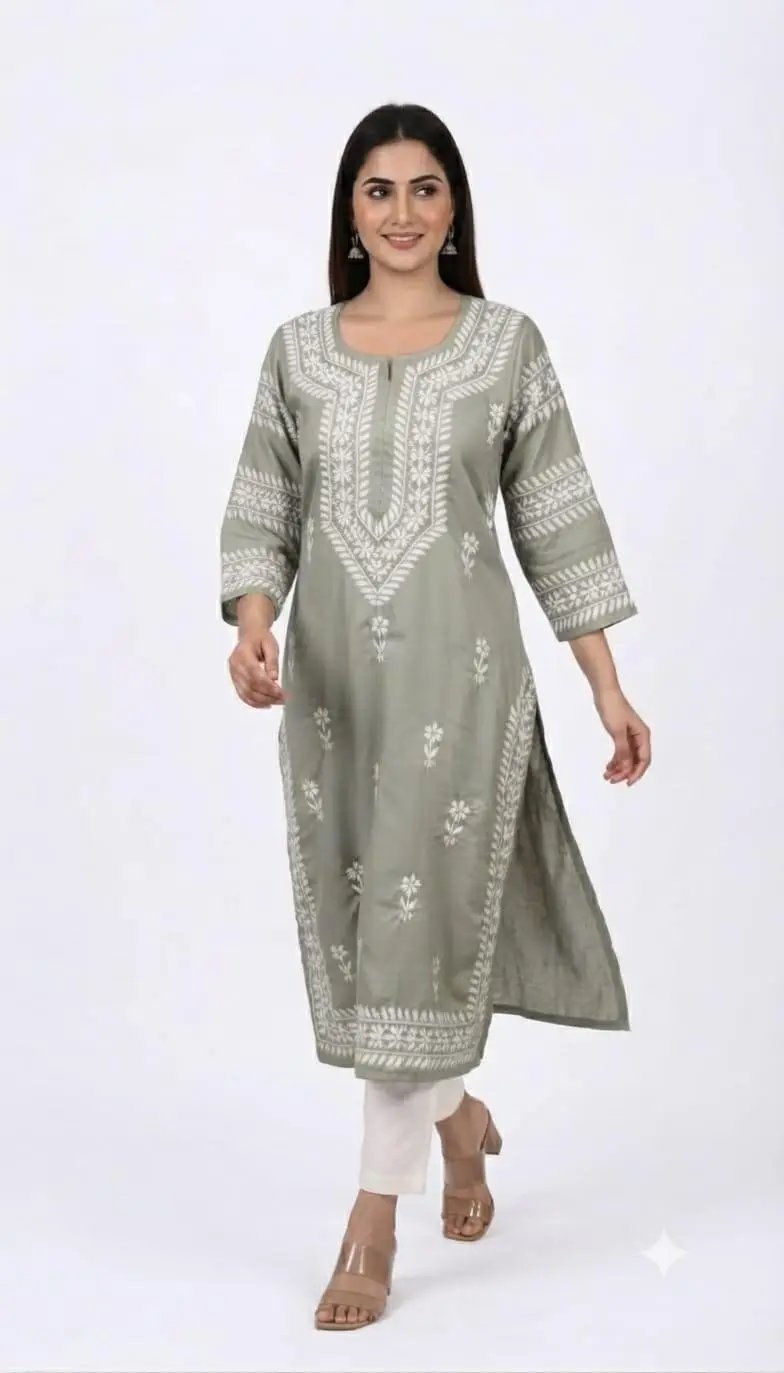 LCF CHIKAN EMBROIDERY LONG KURTI MUSLIN SILK - SAGE GREEN view 2