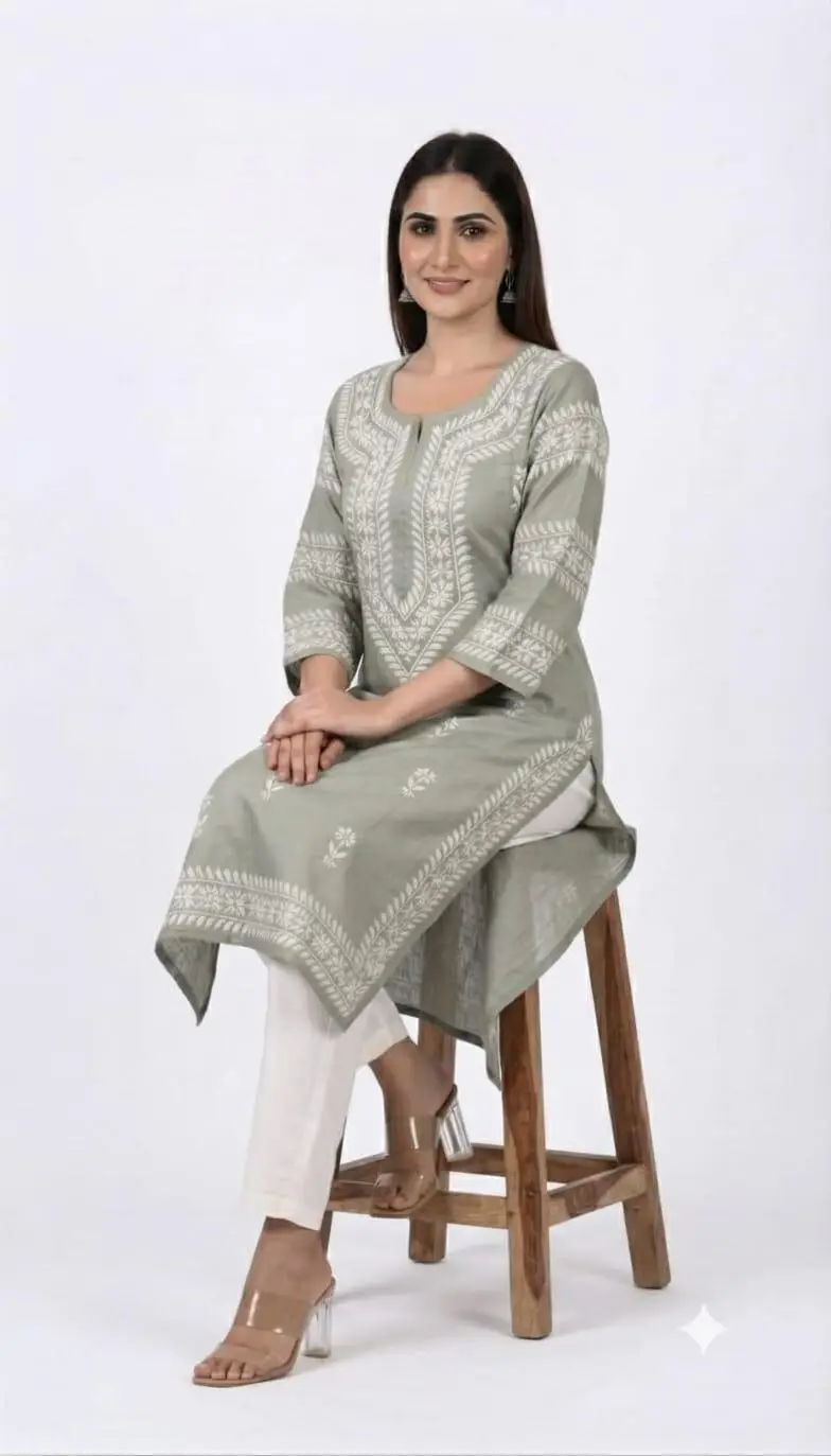 LCF CHIKAN EMBROIDERY LONG KURTI MUSLIN SILK - SAGE GREEN view 3