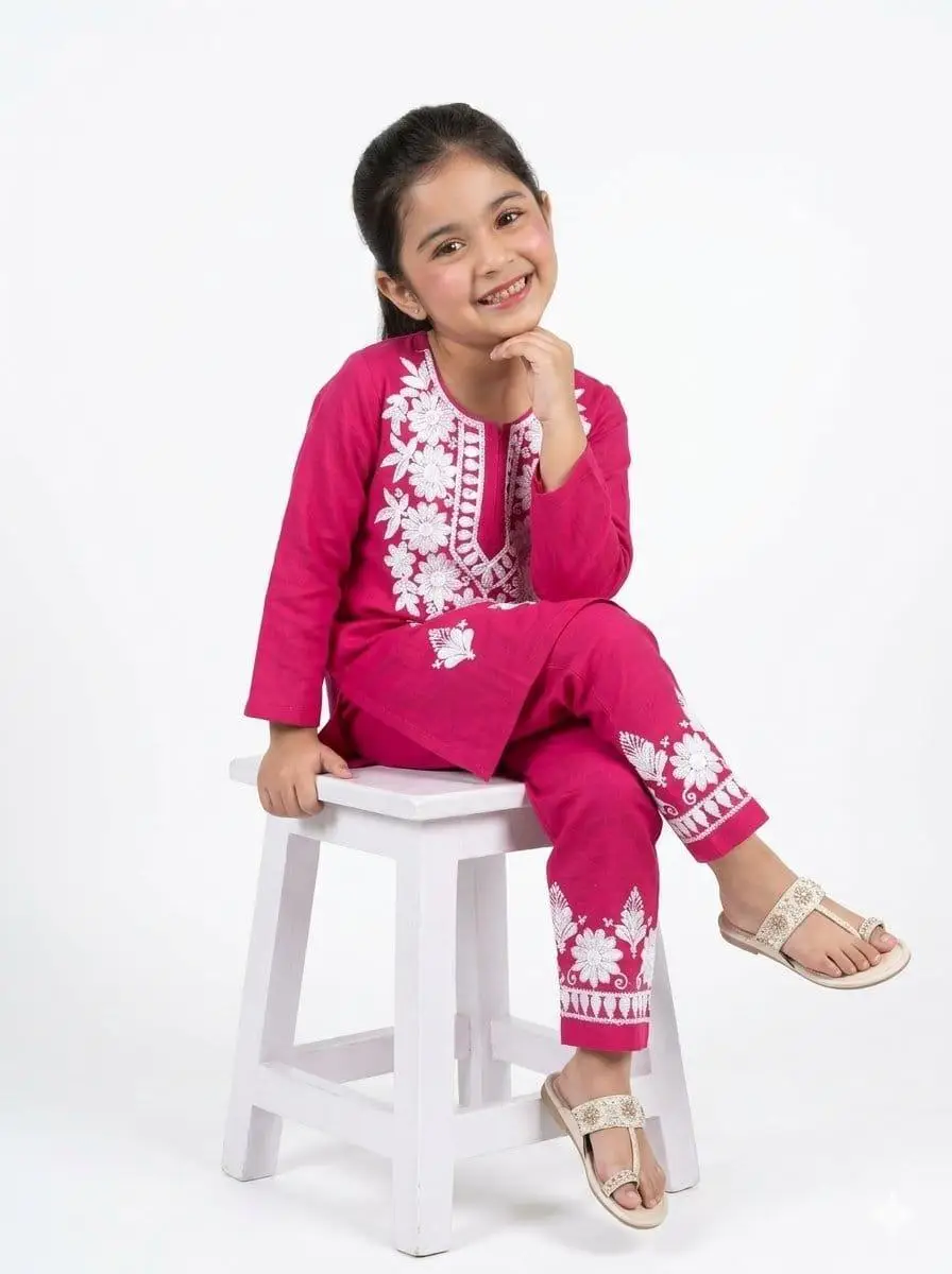 LCF CHIKAN COMPUTER EMBROIDERY RAYON SET FOR GIRL -RANI PINK view 2
