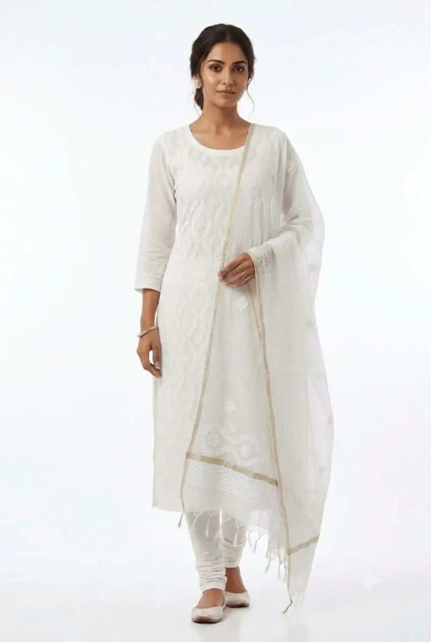 LCF CHIKAN EMBROIDERY UNSTITCHED MAL CHANDERI (KURTI & DUPATTA) - WHITE