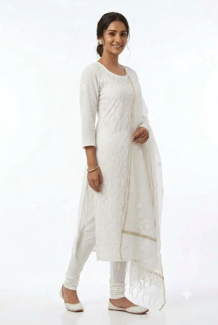 LCF CHIKAN EMBROIDERY UNSTITCHED MAL CHANDERI (KURTI & DUPATTA) - WHITE view 3
