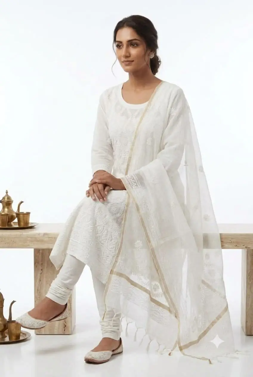 LCF CHIKAN EMBROIDERY UNSTITCHED MAL CHANDERI (KURTI & DUPATTA) - WHITE view 4