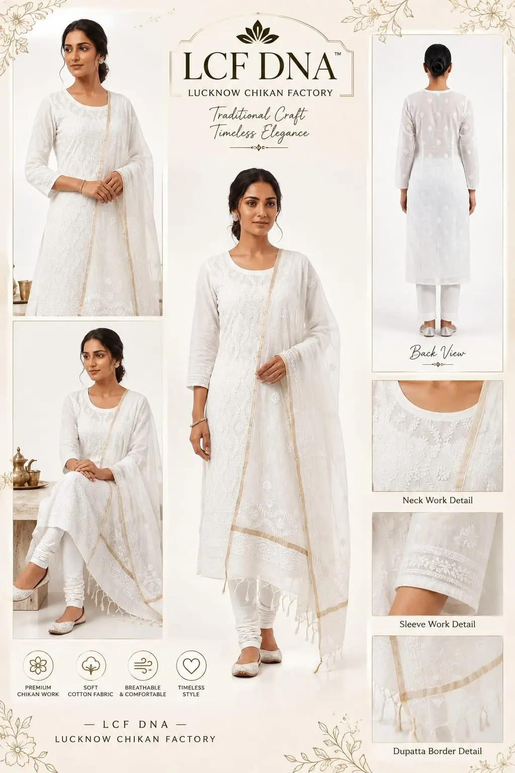 LCF CHIKAN EMBROIDERY UNSTITCHED MAL CHANDERI (KURTI & DUPATTA) - WHITE view 5