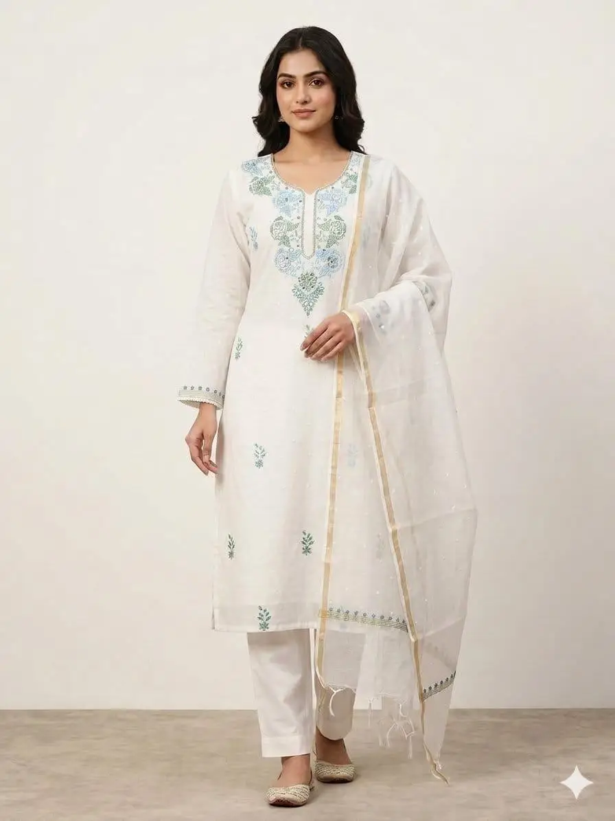 LCF CHIKAN UNSTITCHED MAL CHANDERI DRESS MATERIAL (KURTA & DUPATTA ) - BLUE & GREEN