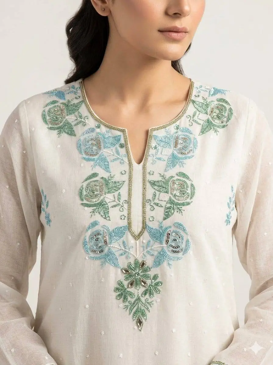 LCF CHIKAN UNSTITCHED MAL CHANDERI DRESS MATERIAL (KURTA & DUPATTA ) - BLUE & GREEN view 2