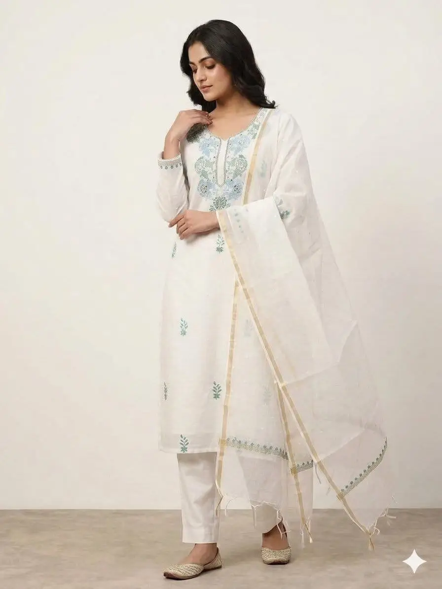 LCF CHIKAN UNSTITCHED MAL CHANDERI DRESS MATERIAL (KURTA & DUPATTA ) - BLUE & GREEN view 3