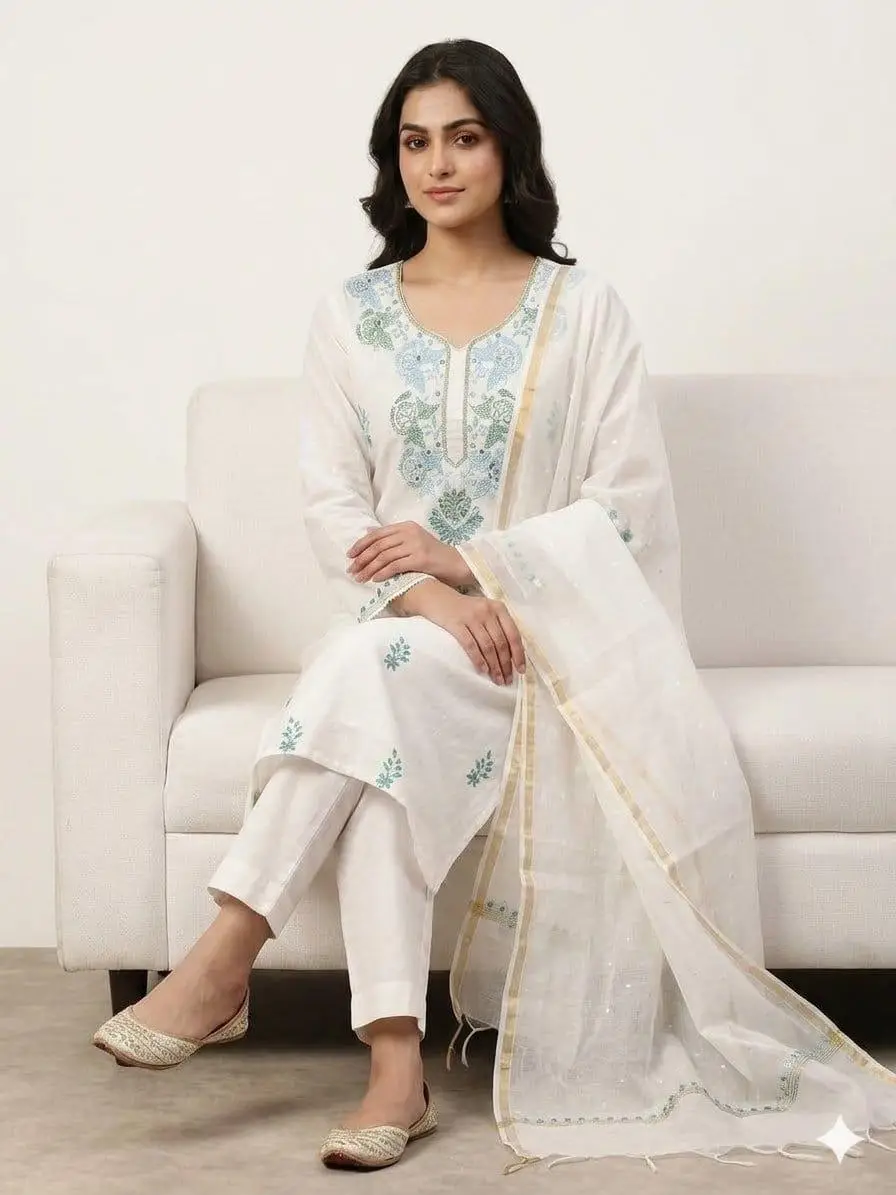 LCF CHIKAN UNSTITCHED MAL CHANDERI DRESS MATERIAL (KURTA & DUPATTA ) - BLUE & GREEN view 4