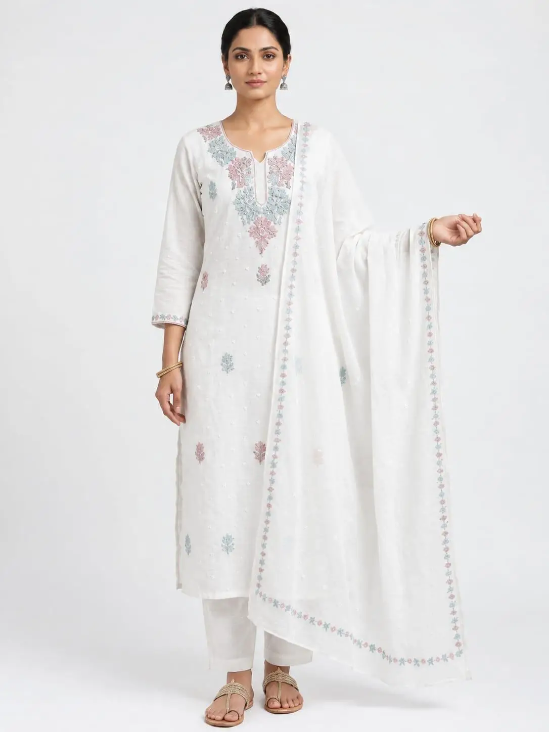 LCF CHIKAN UNSTITCHED MAL CHANDERI DRESS MATERIAL (KURTA & DUPATTA ) - BLUE & RED
