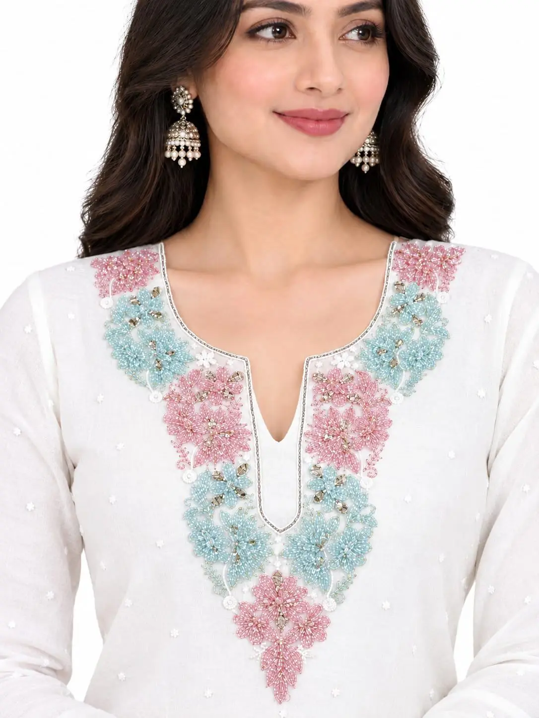 LCF CHIKAN UNSTITCHED MAL CHANDERI DRESS MATERIAL (KURTA & DUPATTA ) - BLUE & RED view 2