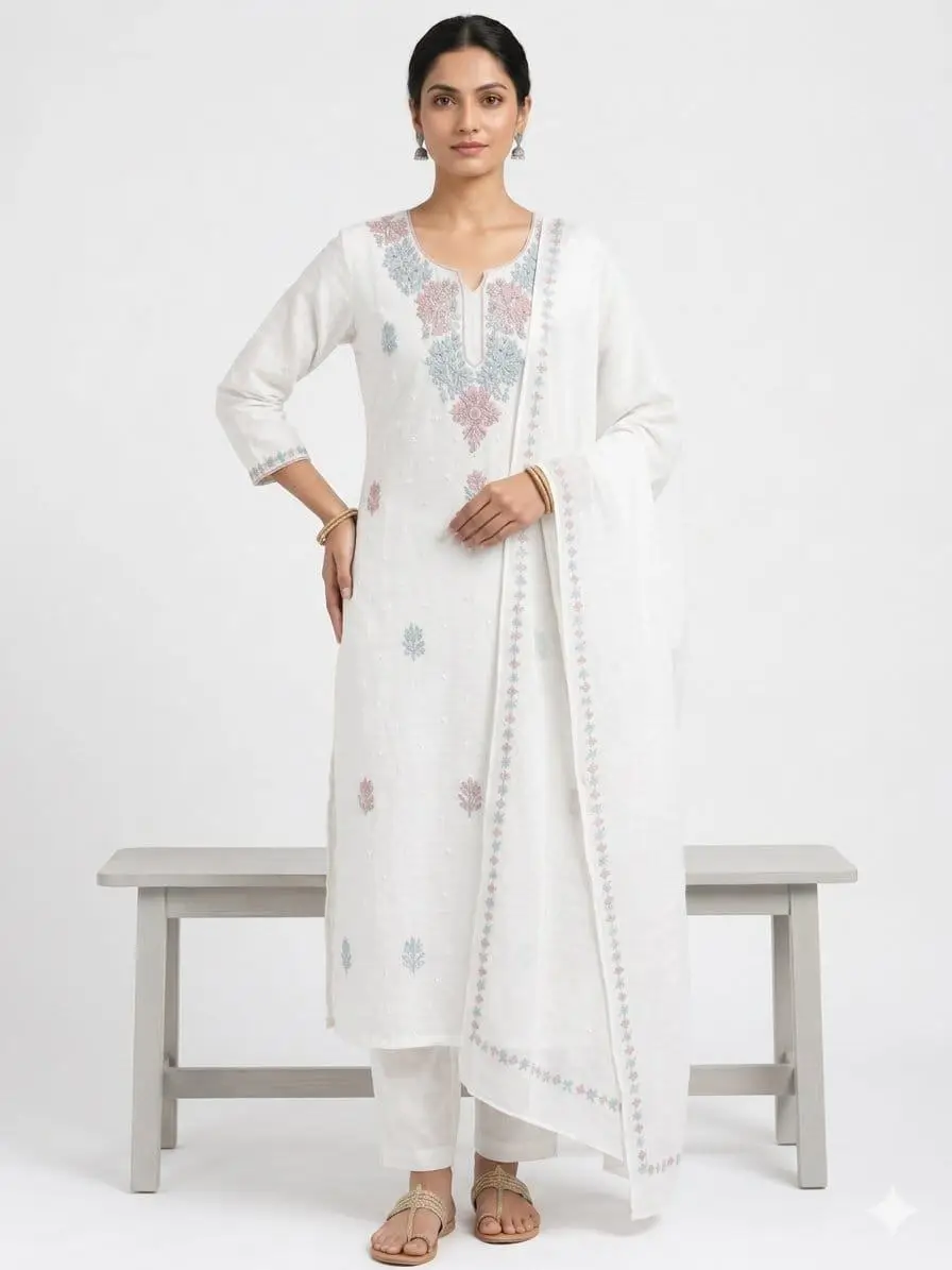LCF CHIKAN UNSTITCHED MAL CHANDERI DRESS MATERIAL (KURTA & DUPATTA ) - BLUE & RED view 3