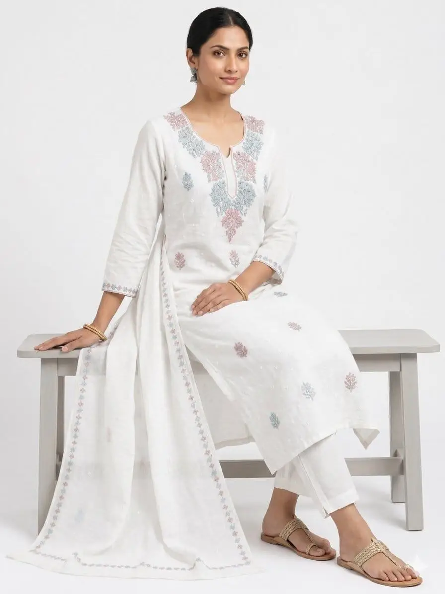 LCF CHIKAN UNSTITCHED MAL CHANDERI DRESS MATERIAL (KURTA & DUPATTA ) - BLUE & RED view 4