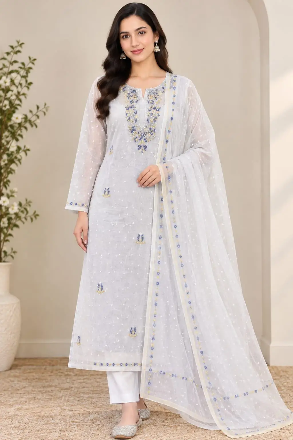 LCF CHIKAN UNSTITCHED MAL CHANDERI DRESS MATERIAL (KURTA & DUPATTA ) - BLUE & YELLOW