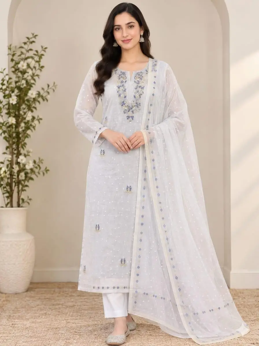 LCF CHIKAN UNSTITCHED MAL CHANDERI DRESS MATERIAL (KURTA & DUPATTA ) - BLUE & YELLOW view 3