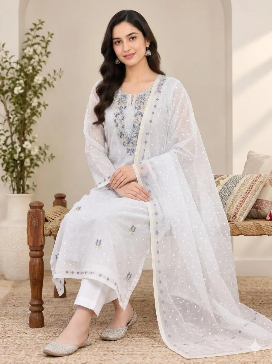 LCF CHIKAN UNSTITCHED MAL CHANDERI DRESS MATERIAL (KURTA & DUPATTA ) - BLUE & YELLOW view 4