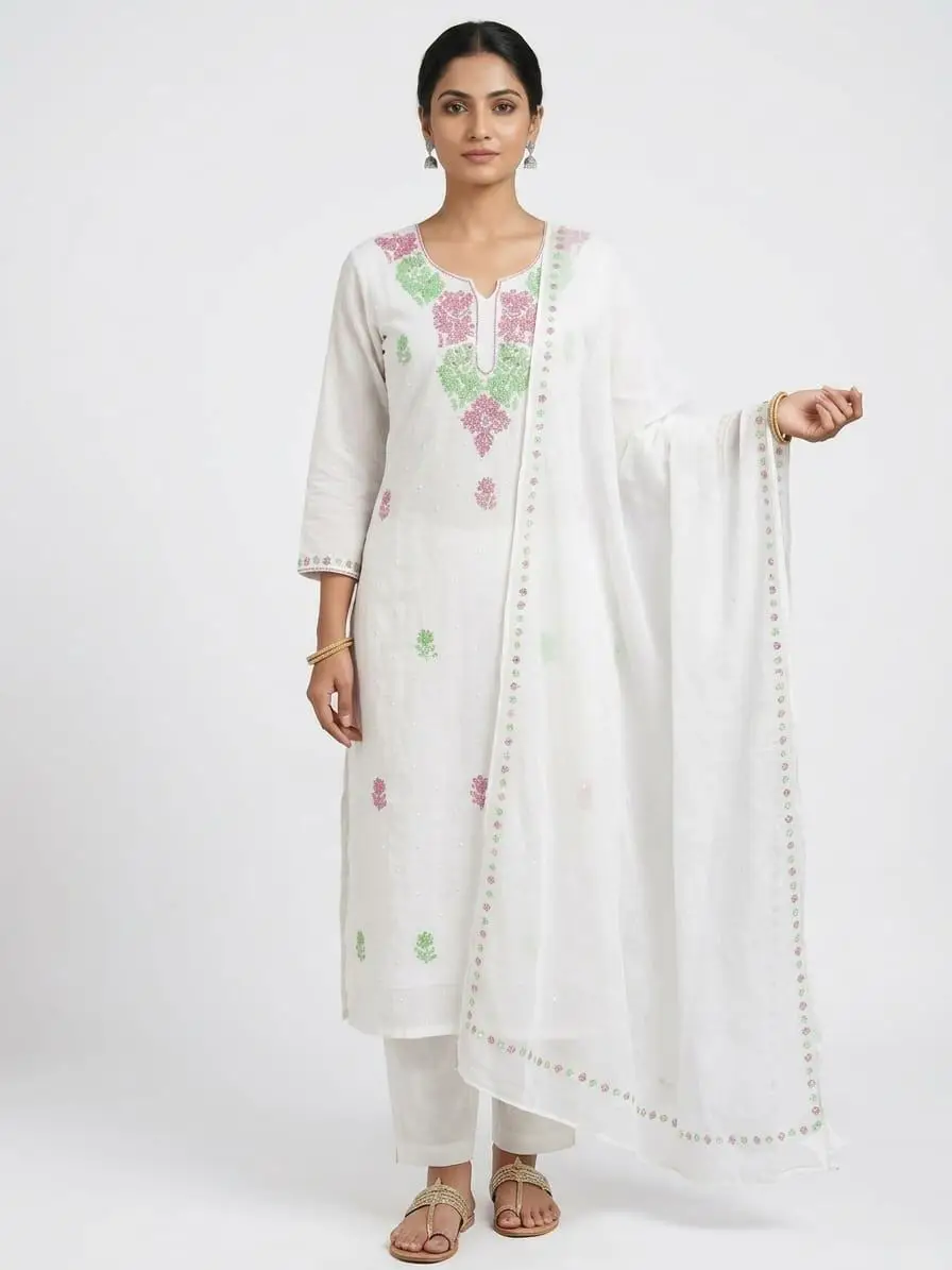 LCF CHIKAN UNSTITCHED MAL CHANDERI DRESS MATERIAL (KURTA & DUPATTA ) - GREEN & RED