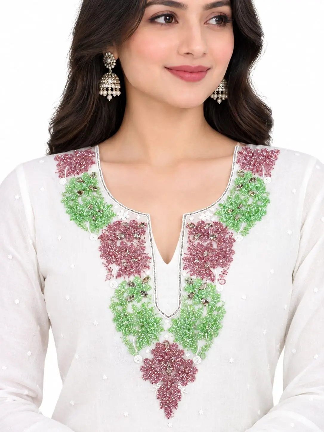 LCF CHIKAN UNSTITCHED MAL CHANDERI DRESS MATERIAL (KURTA & DUPATTA ) - GREEN & RED view 2