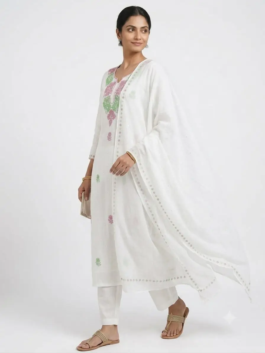 LCF CHIKAN UNSTITCHED MAL CHANDERI DRESS MATERIAL (KURTA & DUPATTA ) - GREEN & RED view 4