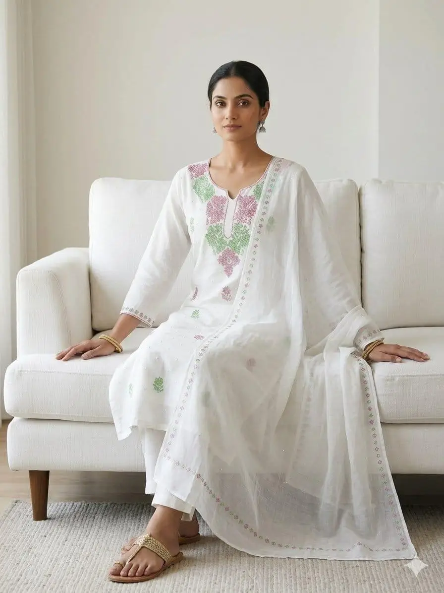 LCF CHIKAN UNSTITCHED MAL CHANDERI DRESS MATERIAL (KURTA & DUPATTA ) - GREEN & RED view 5