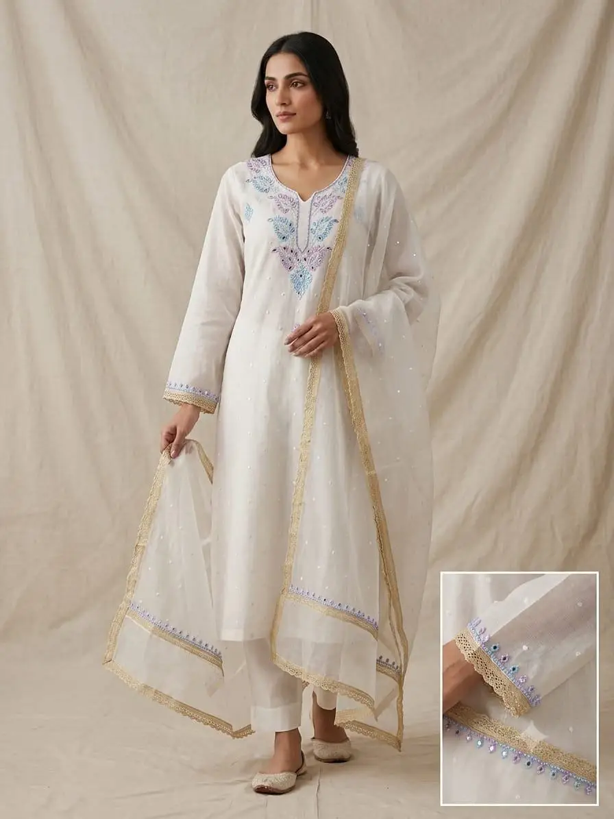 LCF CHIKAN UNSTITCHED MAL CHANDERI DRESS MATERIAL (KURTA & DUPATTA ) - PINK & BLUE