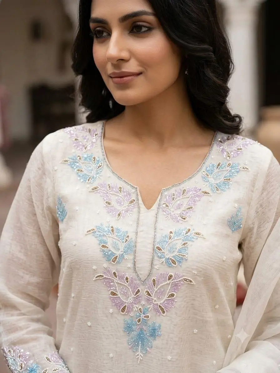 LCF CHIKAN UNSTITCHED MAL CHANDERI DRESS MATERIAL (KURTA & DUPATTA ) - PINK & BLUE view 2