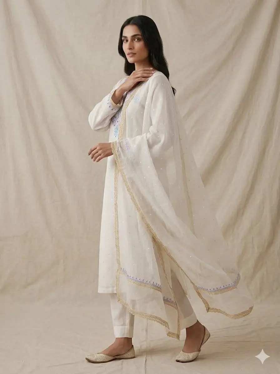 LCF CHIKAN UNSTITCHED MAL CHANDERI DRESS MATERIAL (KURTA & DUPATTA ) - PINK & BLUE view 3