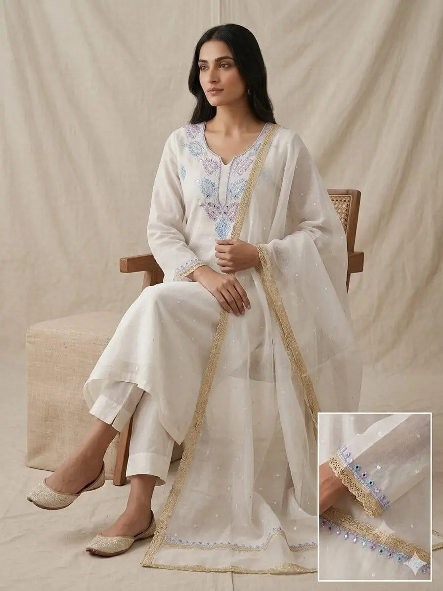 LCF CHIKAN UNSTITCHED MAL CHANDERI DRESS MATERIAL (KURTA & DUPATTA ) - PINK & BLUE view 4
