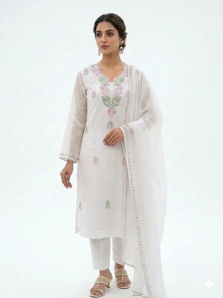 LCF CHIKAN UNSTITCHED MAL CHANDERI DRESS MATERIAL (KURTA & DUPATTA ) - PINK & GREEN