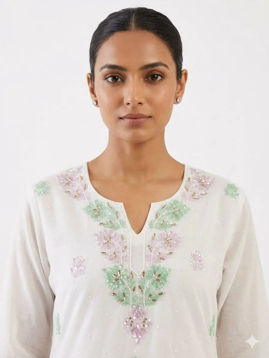 LCF CHIKAN UNSTITCHED MAL CHANDERI DRESS MATERIAL (KURTA & DUPATTA ) - PINK & GREEN view 2