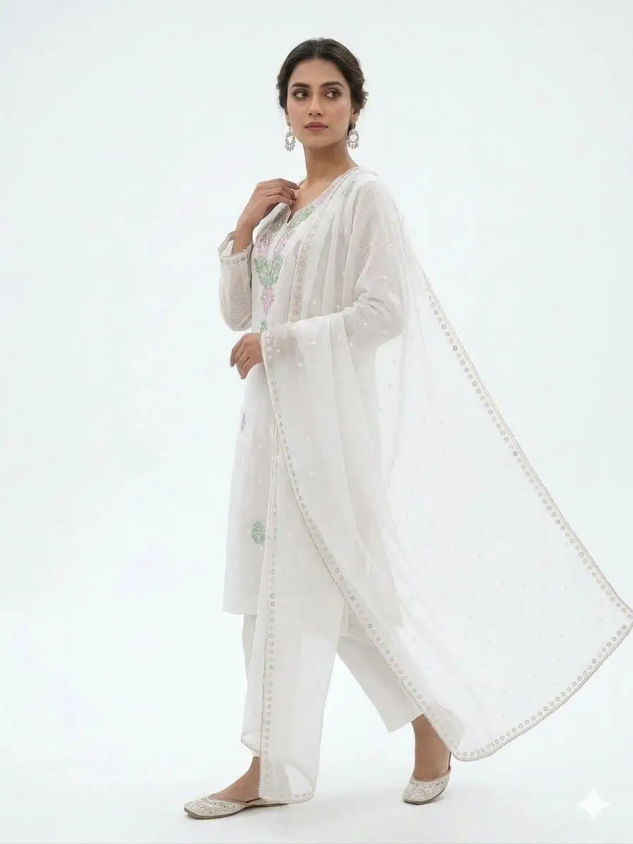 LCF CHIKAN UNSTITCHED MAL CHANDERI DRESS MATERIAL (KURTA & DUPATTA ) - PINK & GREEN view 3
