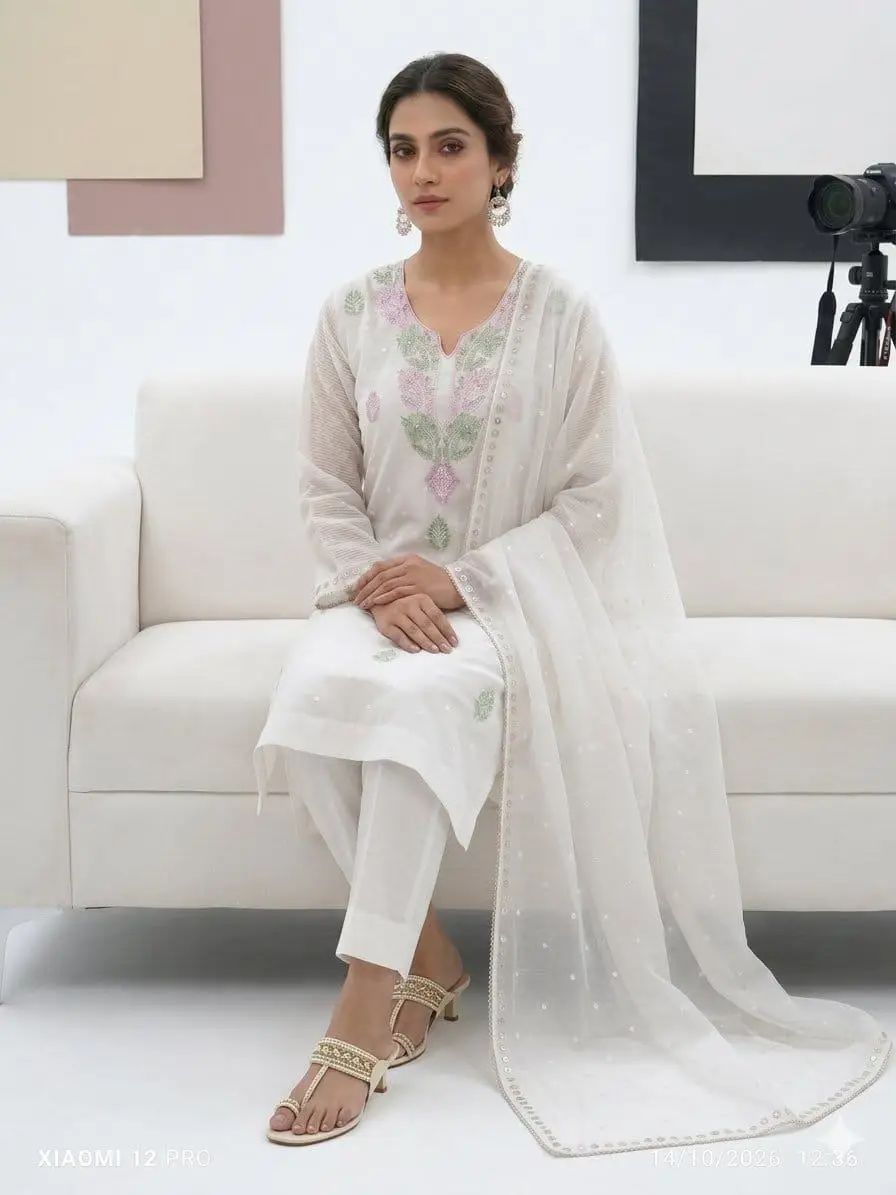 LCF CHIKAN UNSTITCHED MAL CHANDERI DRESS MATERIAL (KURTA & DUPATTA ) - PINK & GREEN view 4
