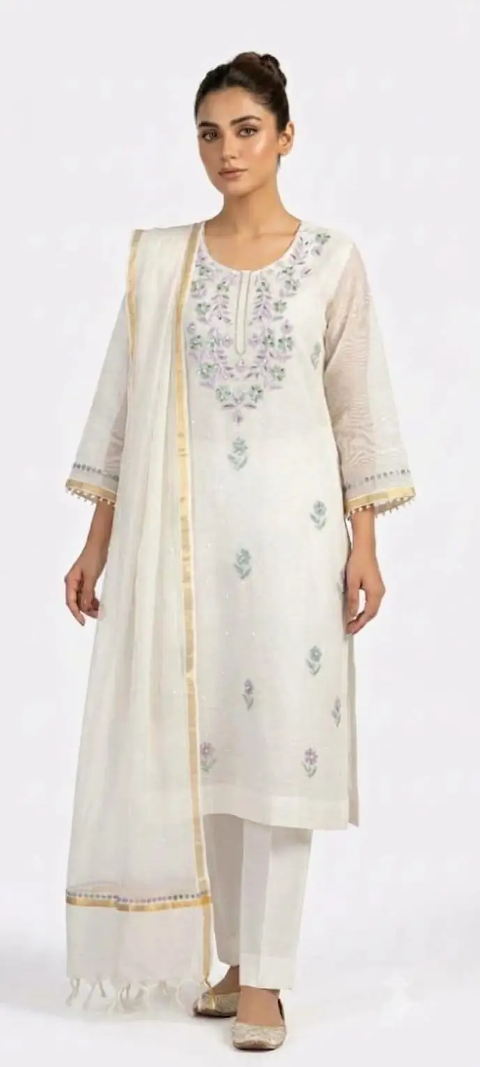 LCF CHIKAN UNSTITCHED MAL CHANDERI DRESS MATERIAL (KURTA & DUPATTA ) - PURPLE & GREEEN