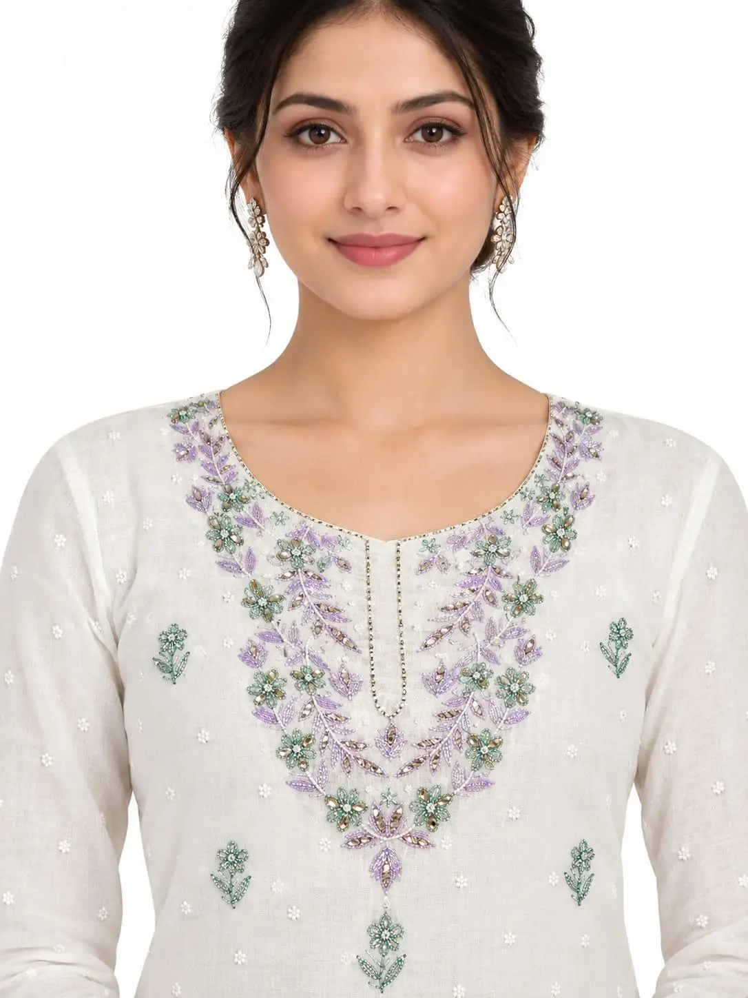 LCF CHIKAN UNSTITCHED MAL CHANDERI DRESS MATERIAL (KURTA & DUPATTA ) - PURPLE & GREEEN view 2