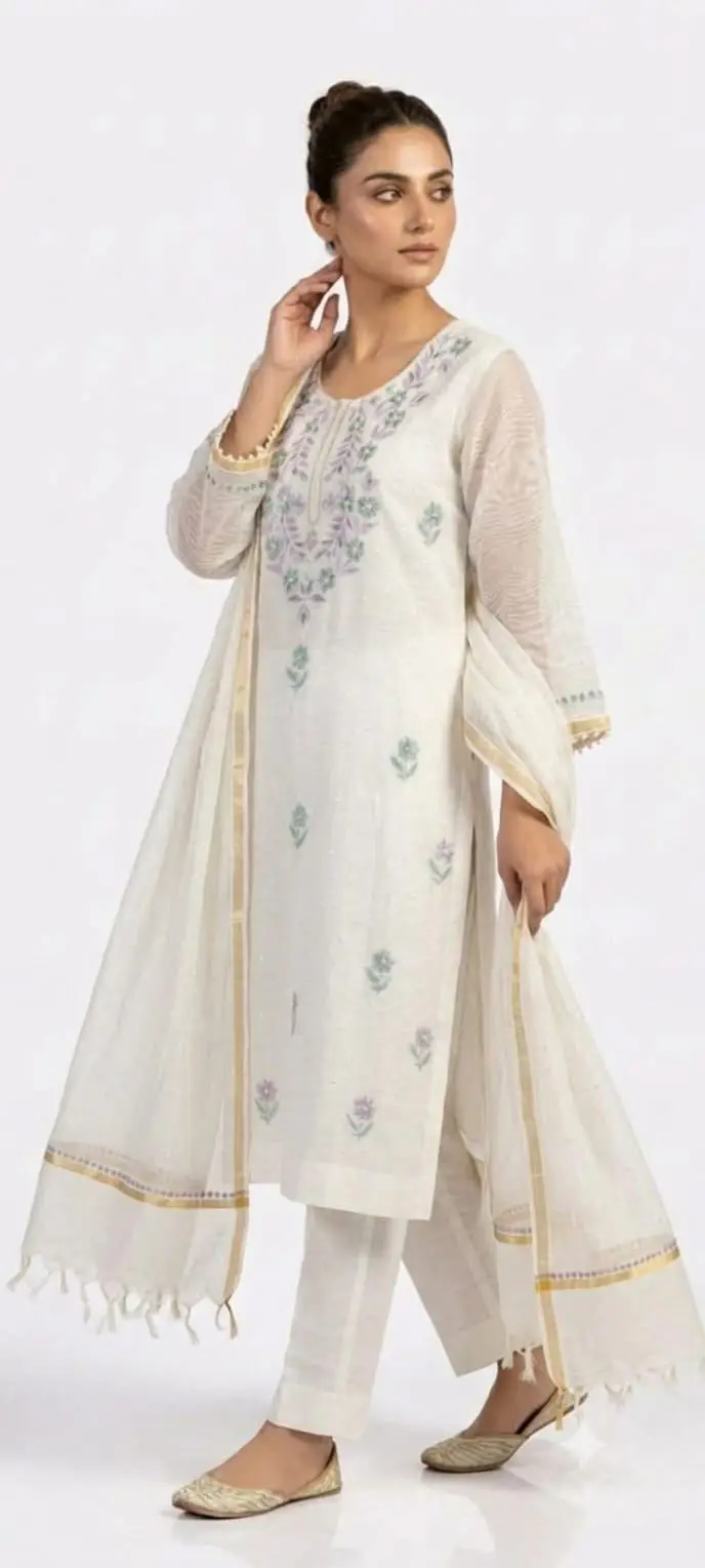 LCF CHIKAN UNSTITCHED MAL CHANDERI DRESS MATERIAL (KURTA & DUPATTA ) - PURPLE & GREEEN view 3