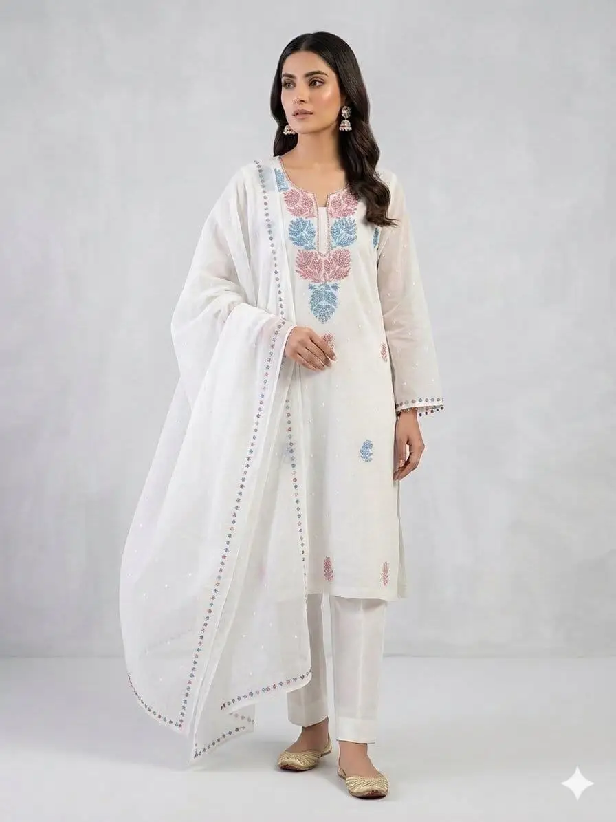 LCF CHIKAN UNSTITCHED MAL CHANDERI DRESS MATERIAL (KURTA & DUPATTA ) - RED & BLUE