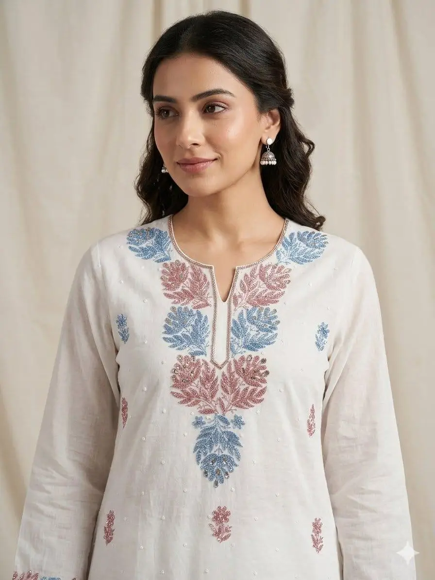 LCF CHIKAN UNSTITCHED MAL CHANDERI DRESS MATERIAL (KURTA & DUPATTA ) - RED & BLUE view 2