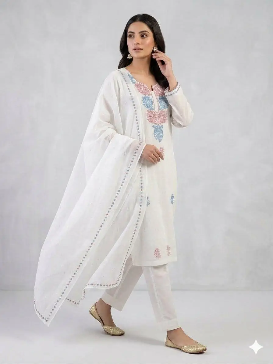LCF CHIKAN UNSTITCHED MAL CHANDERI DRESS MATERIAL (KURTA & DUPATTA ) - RED & BLUE view 3