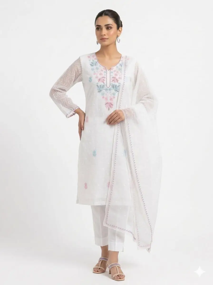LCF CHIKAN UNSTITCHED MAL CHANDERI DRESS MATERIAL (KURTA & DUPATTA ) - SKY BLUE & PINK