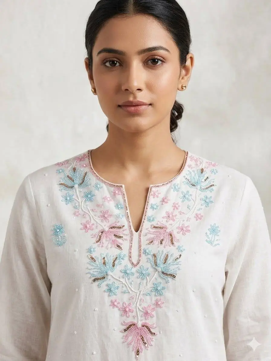 LCF CHIKAN UNSTITCHED MAL CHANDERI DRESS MATERIAL (KURTA & DUPATTA ) - SKY BLUE & PINK view 2