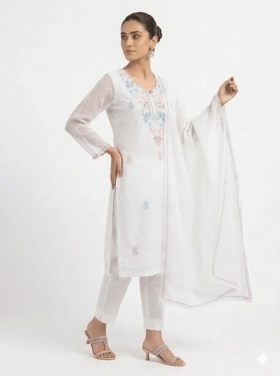LCF CHIKAN UNSTITCHED MAL CHANDERI DRESS MATERIAL (KURTA & DUPATTA ) - SKY BLUE & PINK view 3
