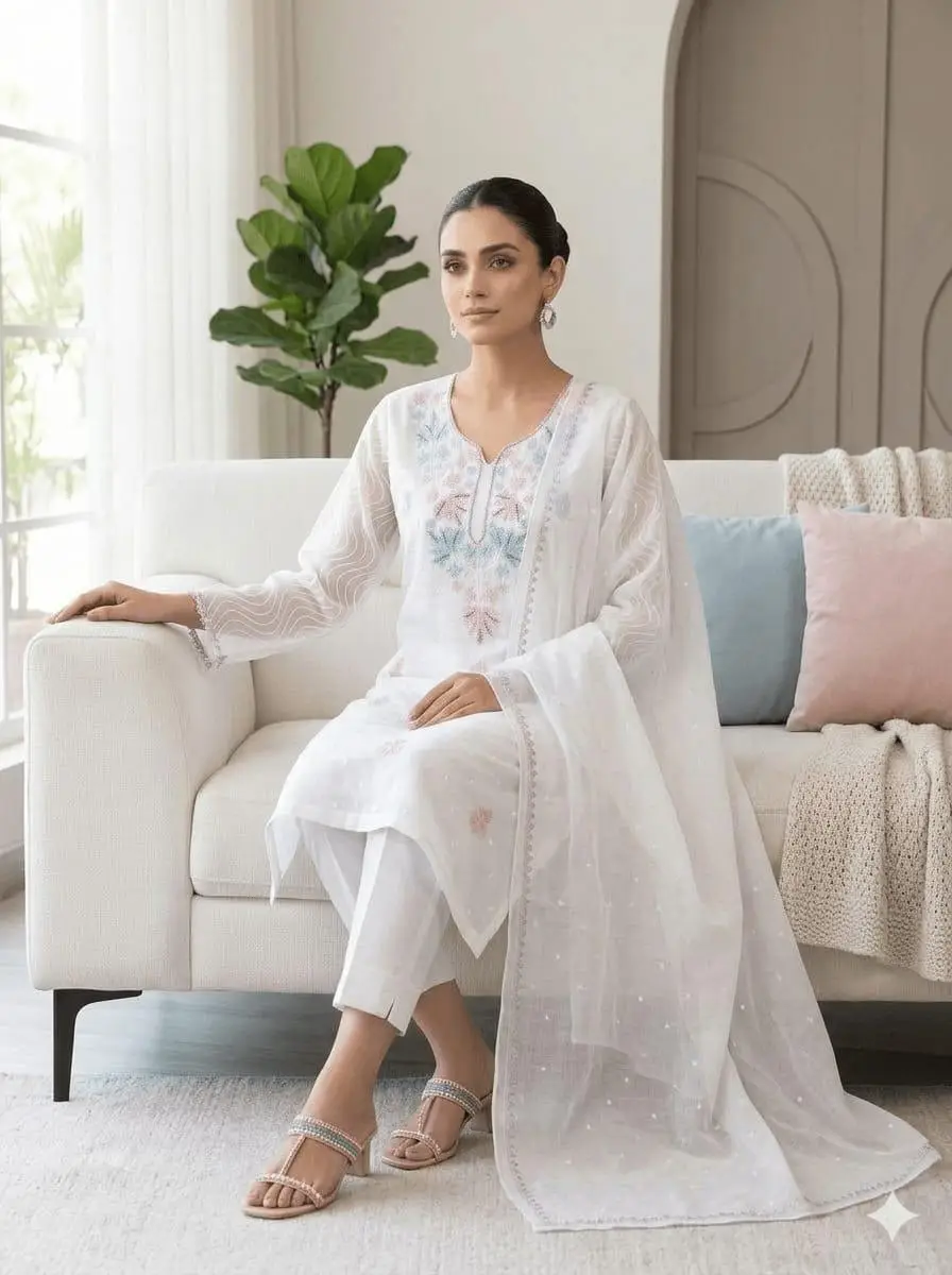 LCF CHIKAN UNSTITCHED MAL CHANDERI DRESS MATERIAL (KURTA & DUPATTA ) - SKY BLUE & PINK view 4