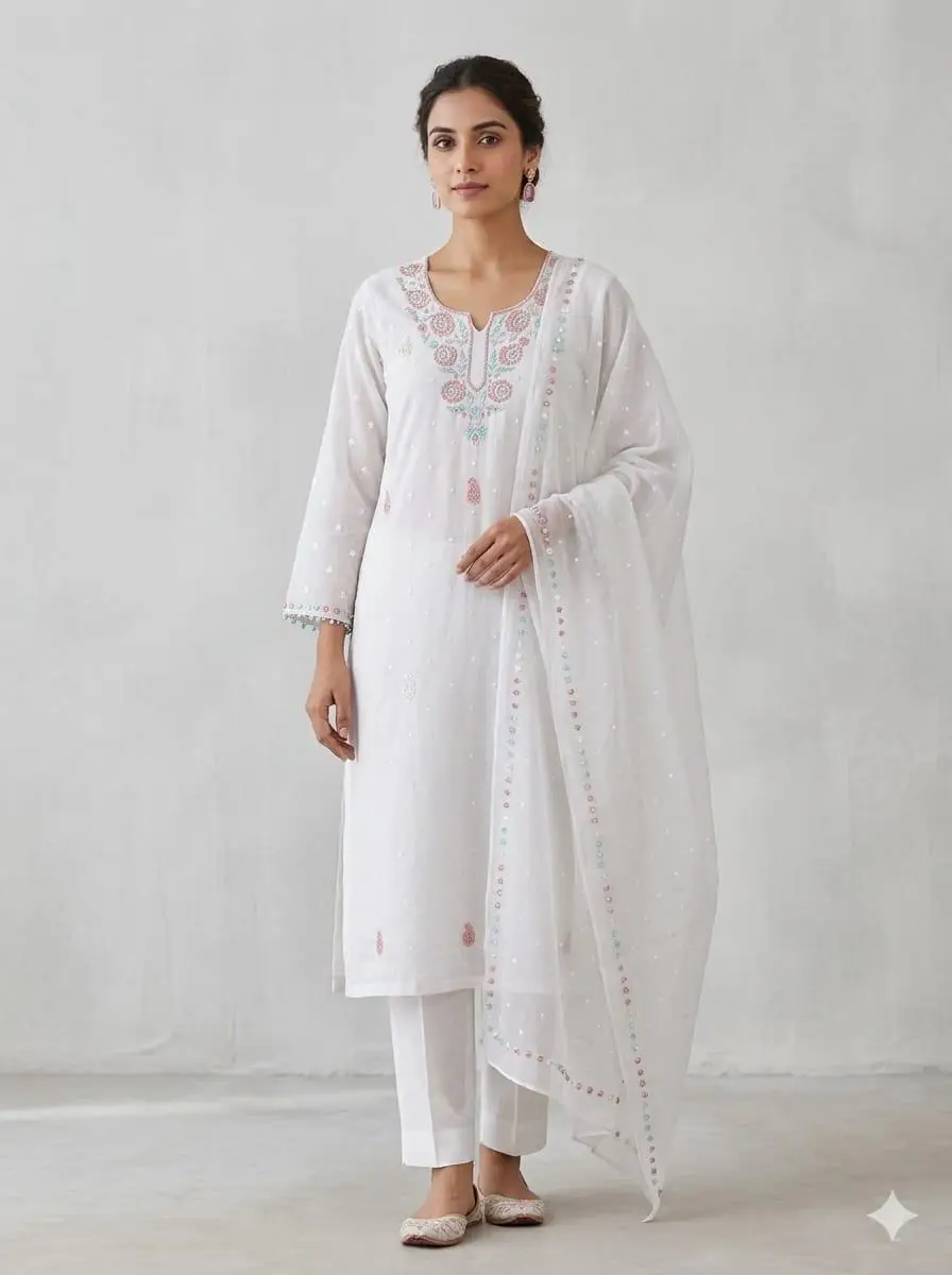 LCF CHIKAN UNSTITCHED MAL CHANDERI DRESS MATERIAL (KURTA & DUPATTA ) - SKY BLUE & RED
