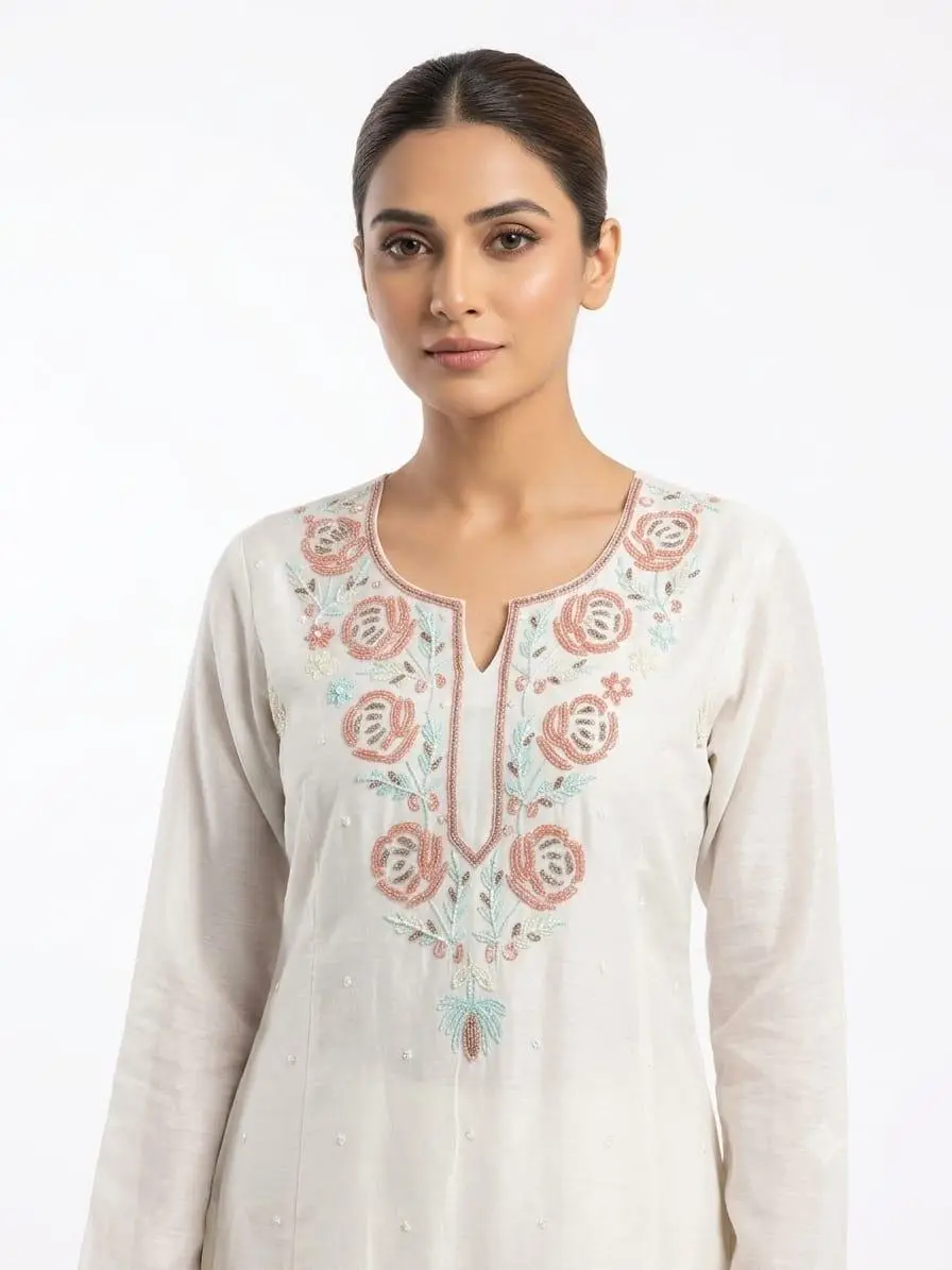 LCF CHIKAN UNSTITCHED MAL CHANDERI DRESS MATERIAL (KURTA & DUPATTA ) - SKY BLUE & RED view 2