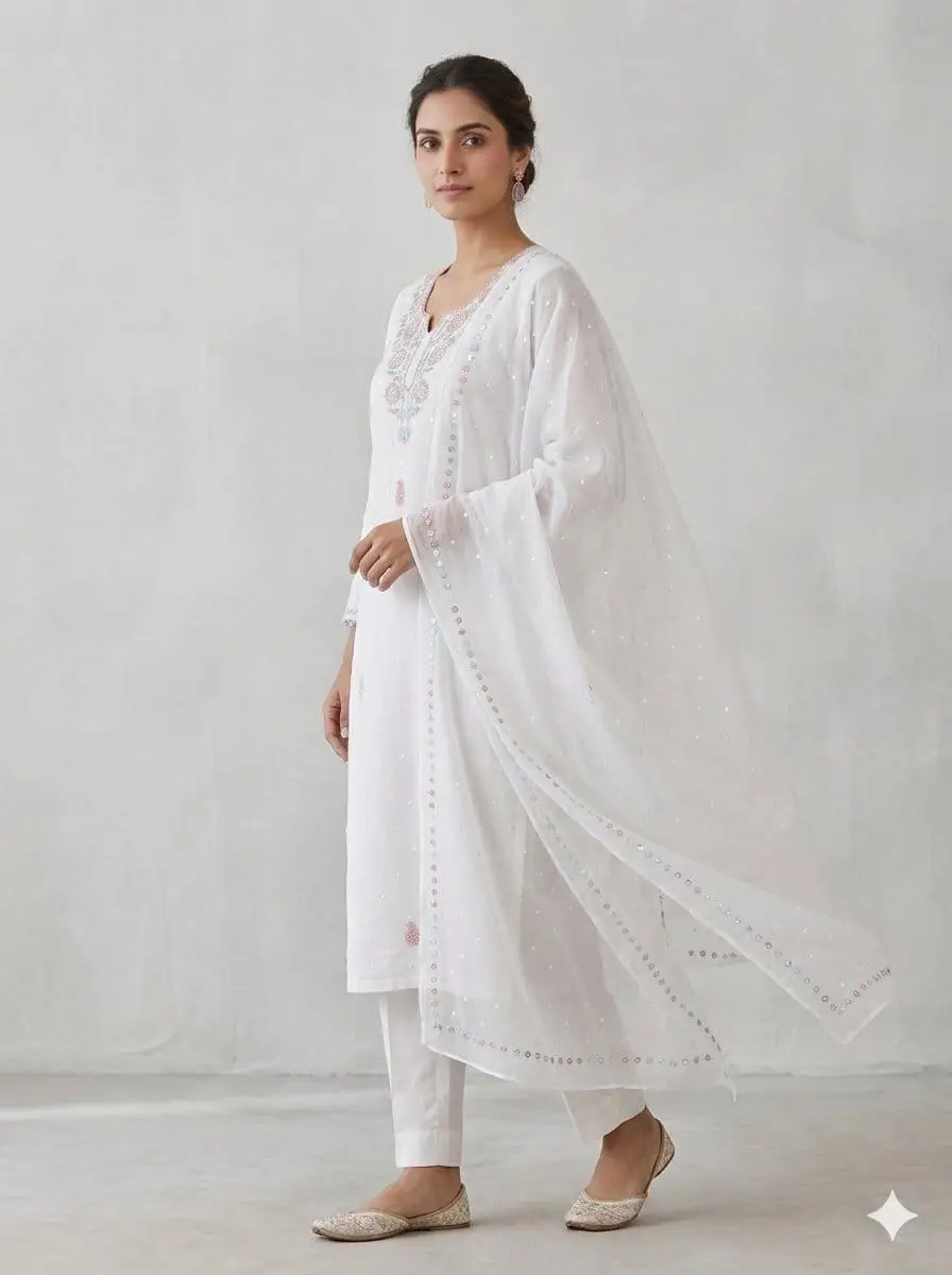 LCF CHIKAN UNSTITCHED MAL CHANDERI DRESS MATERIAL (KURTA & DUPATTA ) - SKY BLUE & RED view 3