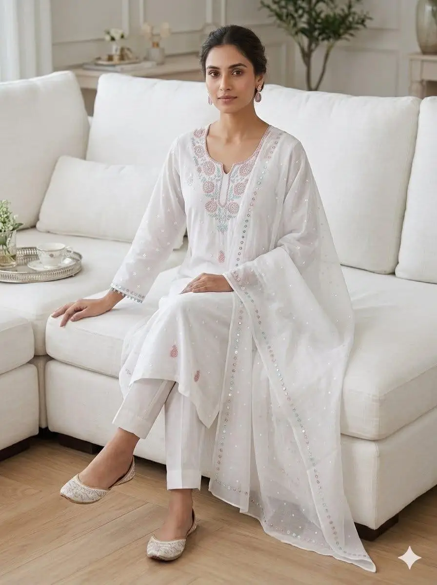 LCF CHIKAN UNSTITCHED MAL CHANDERI DRESS MATERIAL (KURTA & DUPATTA ) - SKY BLUE & RED view 4