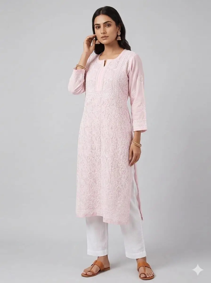 LCF CHIKAN EMBROIDERY VOIL COTTON LONG KURTI - BABY PINK