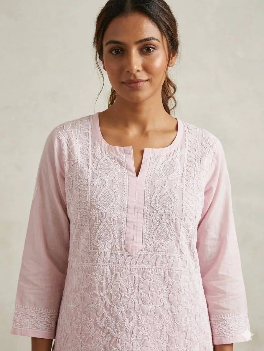 LCF CHIKAN EMBROIDERY VOIL COTTON LONG KURTI - BABY PINK view 2