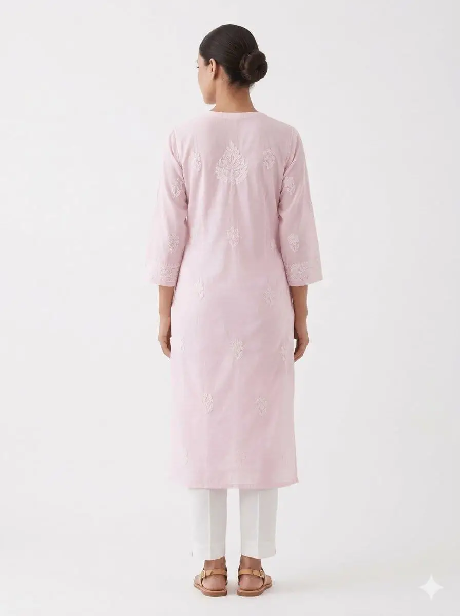 LCF CHIKAN EMBROIDERY VOIL COTTON LONG KURTI - BABY PINK view 3