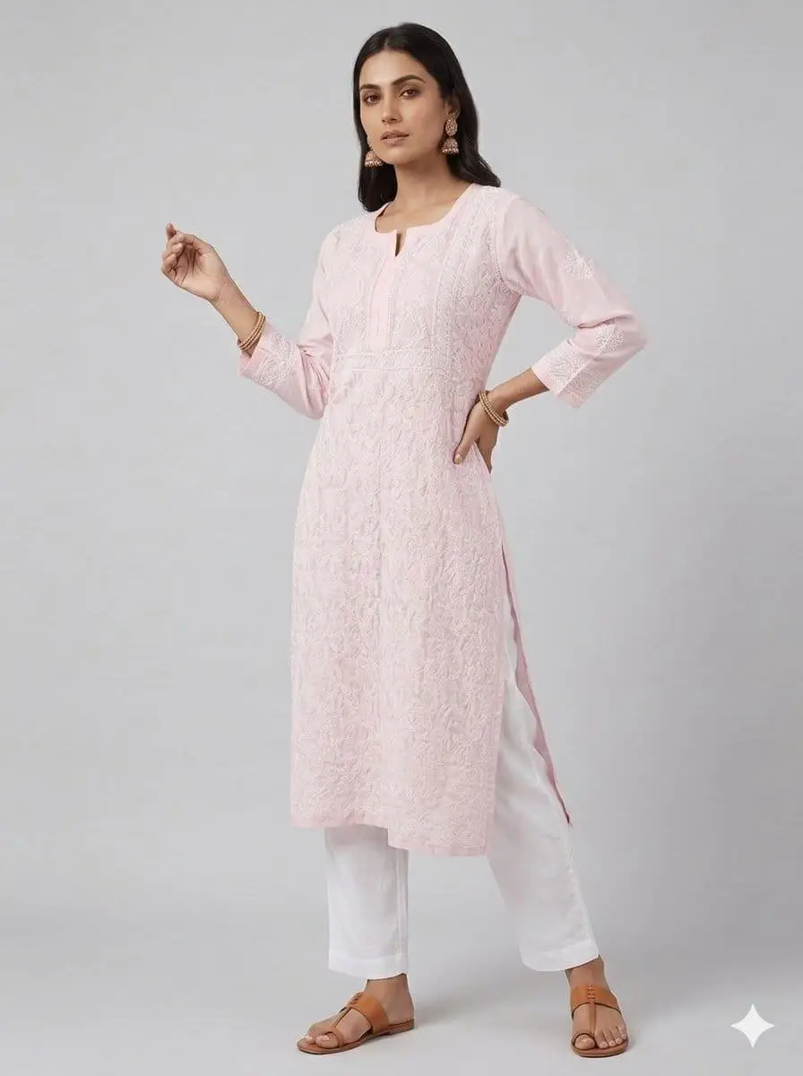 LCF CHIKAN EMBROIDERY VOIL COTTON LONG KURTI - BABY PINK view 4