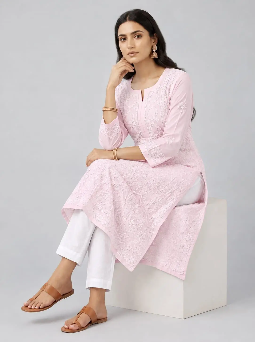LCF CHIKAN EMBROIDERY VOIL COTTON LONG KURTI - BABY PINK view 5
